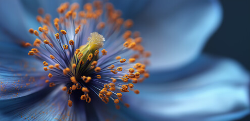 Under a close - up shot, the stamens of the blue - purple flower are clear, dotted with orange - yellow pollen, full of a fresh and healing micro - natural atmosphere.