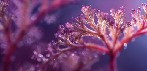 Under a close - up shot, the pink - purple plant branches are covered with crystal - clear water droplets, full of a fresh and healing natural micro - atmosphere.