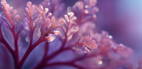 Under a close - up shot, the pink - purple plant branches are covered with crystal - clear water droplets, full of a fresh and healing natural micro - atmosphere.