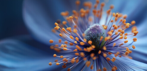 Under a close - up shot, the stamens of the blue - purple flower are clear, dotted with orange - yellow pollen, full of a fresh and healing micro - natural atmosphere.
