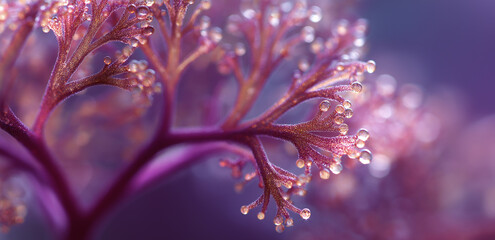 Under a close - up shot, the pink - purple plant branches are covered with crystal - clear water droplets, full of a fresh and healing natural micro - atmosphere.