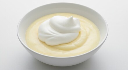 白い器に盛られた滑らかプリン ふわふわ生クリーム添え 優しい光. AI Generated