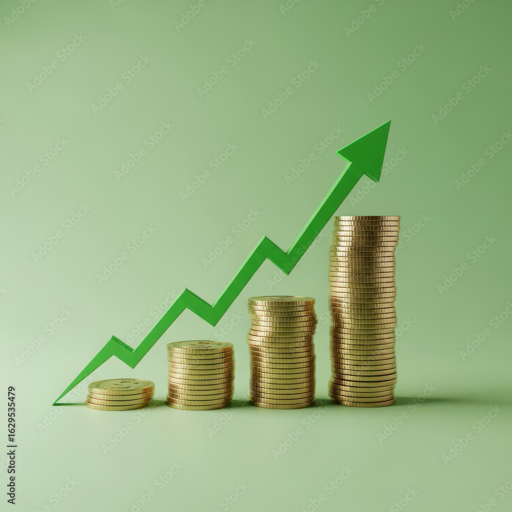 Poster steady growth a visual representation of financial progress with stacks of coins and an upward trend