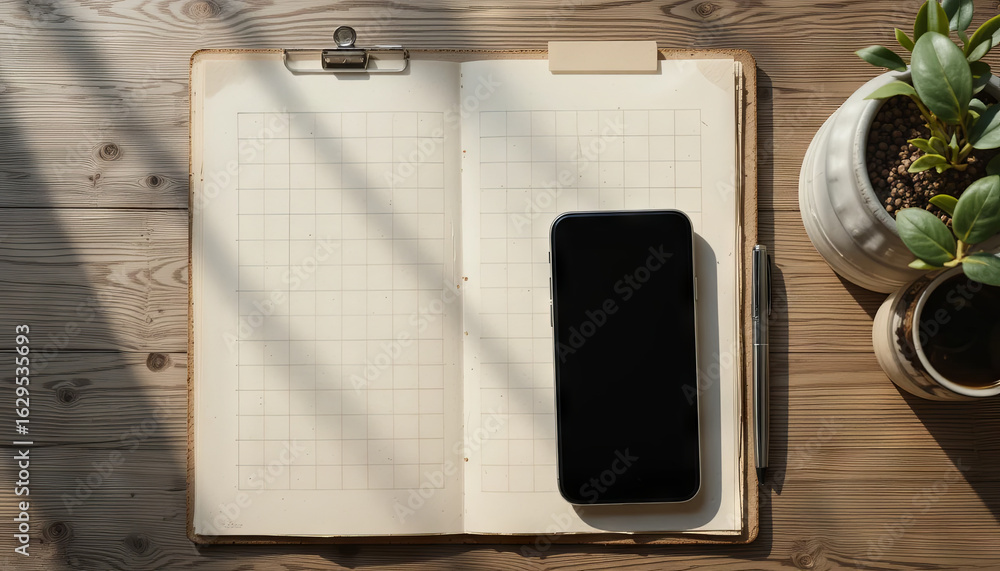 Poster a notepad lies open on a wooden desk next to a smartphone and a green potted plant, with sunlight st