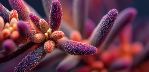 Under a close - up shot, the colorful plant tentacles are clearly visible, with fine hairs on the surface, full of a wonderful micro - natural atmosphere.