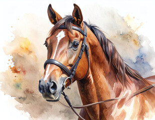 etailed horse head painted in watercolor with realistic features and vivid brush strokes representing equestrian beauty and pastoral calmness