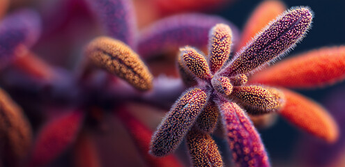 Under a close - up shot, the colorful plant tentacles are clearly visible, with fine hairs on the surface, full of a wonderful micro - natural atmosphere.