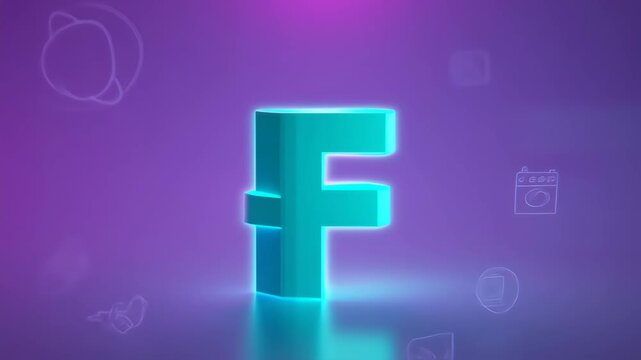 Neon teal letter F on purple background