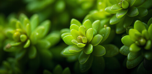 Under a close - up shot, several clusters of  succulent plants are clearly shown, with plump leaves, full of a fresh and healing micro - natural atmosphere.