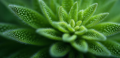 Under a close - up shot, the green plant leaves are densely arranged, covered with small protrusions, full of a fresh and  micro - natural atmosphere.