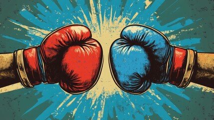 Classic emblem of boxing with crossed gloves in vibrant red and blue tones styled with vintage vector aesthetics