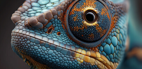 Under a close - up shot, the chameleon's head has clear textures, bright colors, and a striking eye, full of a wonderful natural biological atmosphere.