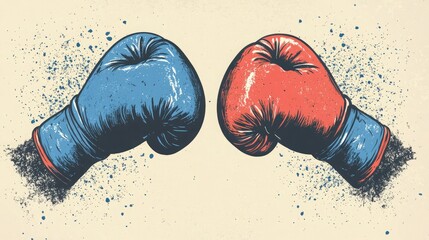 Retro emblem artwork displaying red and blue gloves crossed together in traditional boxing theme classic vector style
