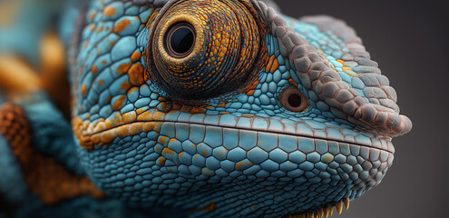 Under a close - up shot, the chameleon's head has clear textures, bright colors, and a striking eye, full of a wonderful natural biological atmosphere.
