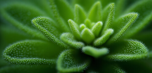 Under a close - up shot, the green plant leaves are densely arranged, covered with small protrusions, full of a fresh and  micro - natural atmosphere.