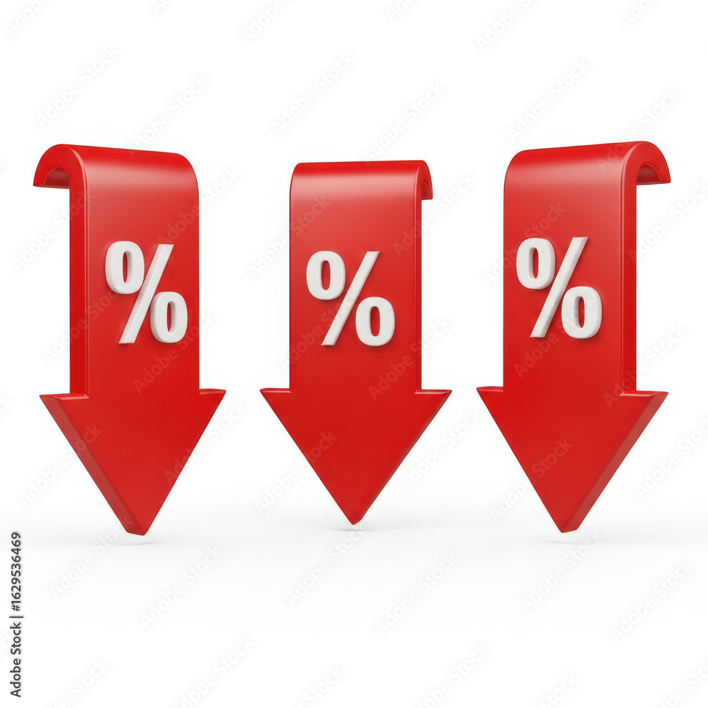 Poster Visual Representation of Decreasing Percentages with Three Red Arrows Pointing Downward, Each Displaying a Percentage Sign, Against a White Backdrop