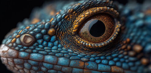 Under a close - up shot, the lizard's eye and blue - brown scales are clear, with delicate textures, full of a mysterious and wild natural biological atmosphere.