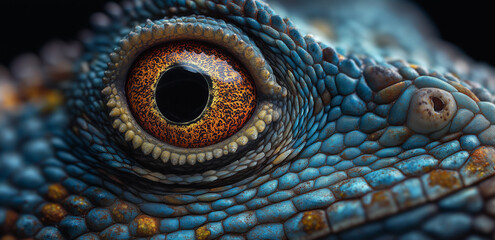 Under a close - up shot, the lizard's eye and blue - brown scales are clear, with delicate textures, full of a mysterious and wild natural biological atmosphere.