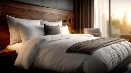 Modern bedroom, warm lighting,  peaceful view