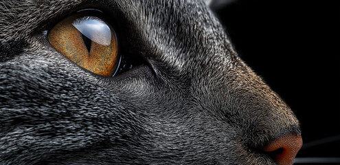 Under a close - up shot, the cat’s eyes and fur are clear, with bright amber eyes and delicate textures, full of a gentle and mysterious atmosphere.