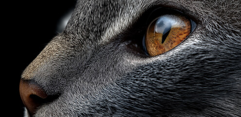 Under a close - up shot, the cat’s eyes and fur are clear, with bright amber eyes and delicate textures, full of a gentle and mysterious atmosphere.