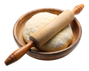  Raw dough in a rustic bowl with a wooden rolling pinon white background PNG.AI Generated.
