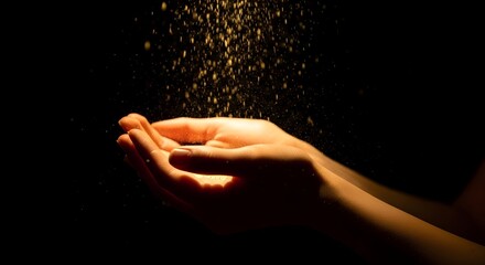 Hands Catching Golden Glitter A Moment of Sparkling Joy and Beauty
