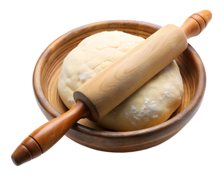  Raw dough in a rustic bowl with a wooden rolling pinon white background PNG.AI Generated.