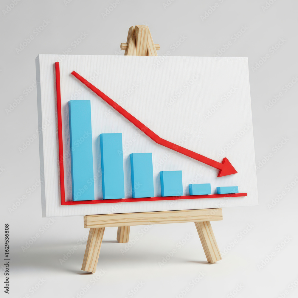 Poster visualizing economic downturn a bar graph on easel displaying declining sales and losses represented