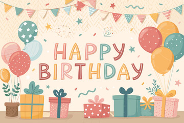 Colorful Happy Birthday Greeting Card Background Vector – Festive Celebration Design with Balloons, Confetti, Typography, Party Elements, Ideal for Invitations and Social Media Graphics

