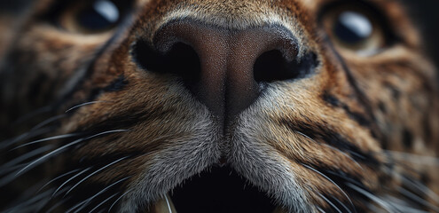 Under a close - up shot, the face of a fierce beast (like a leopard/tiger) has clear textures, with a distinct nose, mouth, and whiskers, full of a wild and powerful atmosphere.