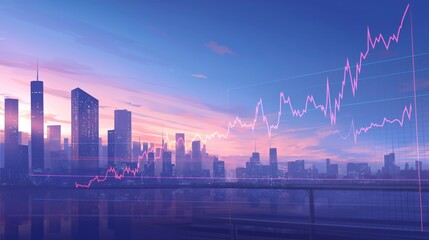 digital cityscape with a digital display of a stock market chart, presenting a fusion of urban landscape and technological interface