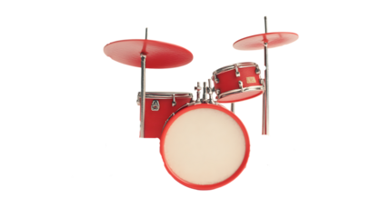A red toy drum set with cymbals on a black background studio shot on transparent background