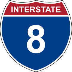Interstate 8. Interstate highway sign. Road number. Signpost indicating route numbers in the U.S. Interstate Highway System. Even numbers run west to east. Odd numbers run north to south.