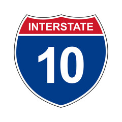 Interstate 10. Interstate highway sign. Road number. Signpost indicating route numbers in the U.S....