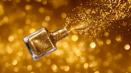 Gold glitter nail polish exploding from a luxury bottle, shimmering particles in motion, warm golden background, festive and glamorous feel, high-speed splash capture gold glitter