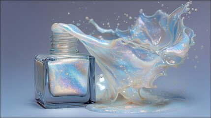 Pearlescent nail polish splashing gently from a bottle, soft opalescent sheen, pastel hues blending mid-air, elegant glow on a light gradient background pearlescent polish, opal ef