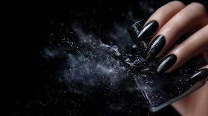 Black nail polish dramatically bursting in mid-air from a sharp-edged bottle, dark moody gradient background, edgy and rebellious beauty vibe black polish splash, edgy cosmetics, g