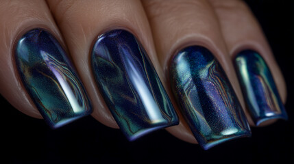 Chameleon nail polish splash transitioning between blue, green, and purple mid-air, metallic shine, color-shifting lacquer on a futuristic dark gradient chameleon nail polish, colo