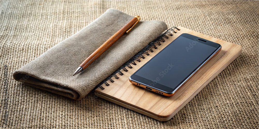 Poster on a rustic textured background, a wooden notebook lays open beside a sleek smartphone and a pen, cr