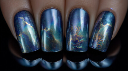 Chameleon nail polish splash transitioning between blue, green, and purple mid-air, metallic shine, color-shifting lacquer on a futuristic dark gradient chameleon nail polish, colo