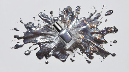 Mirror chrome nail polish exploding from a bottle, hyper-reflective silver splash, surreal shine, polished metallic effect on white background, high-gloss cosmetic shot mirror poli