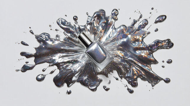Mirror chrome nail polish exploding from a bottle, hyper-reflective silver splash, surreal shine, polished metallic effect on white background, high-gloss cosmetic shot mirror poli