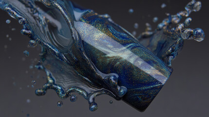 Chameleon nail polish splash transitioning between blue, green, and purple mid-air, metallic shine, color-shifting lacquer on a futuristic dark gradient chameleon nail polish, colo