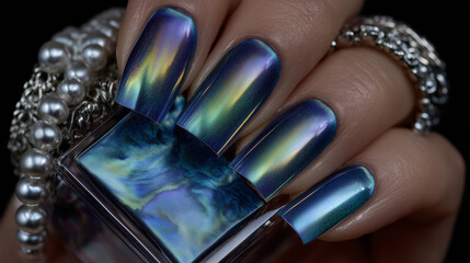 Chameleon nail polish splash transitioning between blue, green, and purple mid-air, metallic shine, color-shifting lacquer on a futuristic dark gradient chameleon nail polish, colo