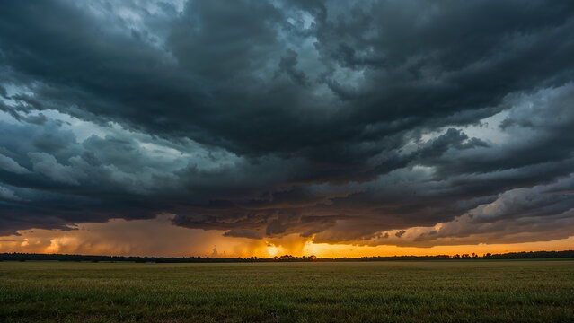 Dramatic storm clouds over sunset landscape