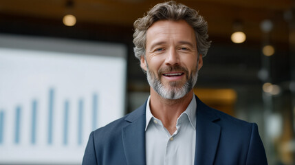 confident businessman giving presentation in modern office, standing in front of screen with bar chart, explaining financial data to colleagues, business meeting, professional atmo