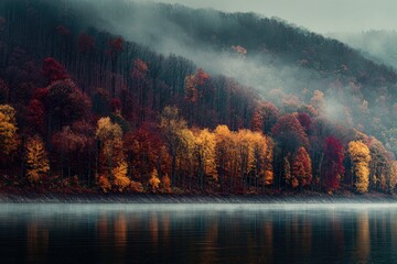 Fototapeta premium Autumn mist hangs over a lake with colorful trees