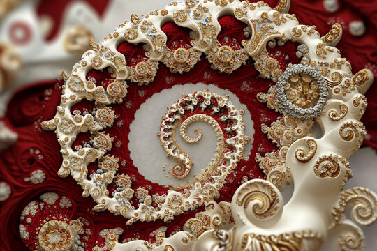 Fractal swirl in vibrant red and gold tones showcasing intricate patterns of nature and artistry - Powered by Adobe