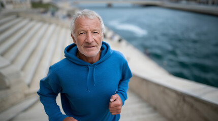 older athletic man running on riverside stairs in sports gear, top view angle, waterfront training, healthy lifestyle in retirement, active senior exercising, calm day top view run